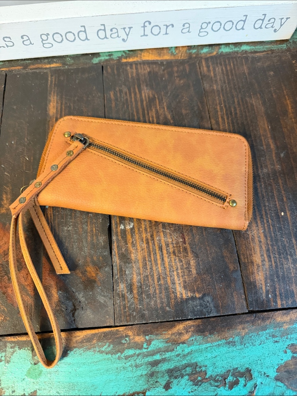Free People Vegan Leather Wristlet Wallet Cognac Stud Detail Zip NWOT